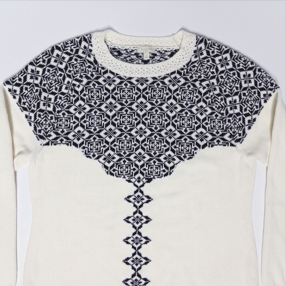 Talbots Ivory White & Black Fair Isle 100% Cotton Knit Sweater Women Size L (B5) - Picture 3 of 8